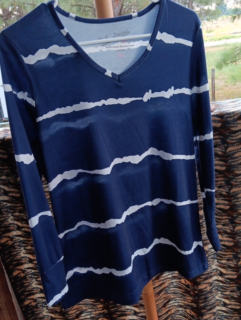 The Limited Navy Blue & White Striped V-Neck Long Sleeve Top